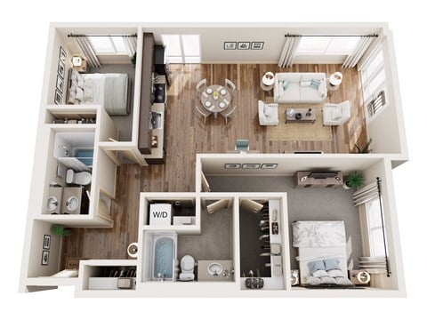 Floor plan for 2 beds, 2 baths, 1069 sqft